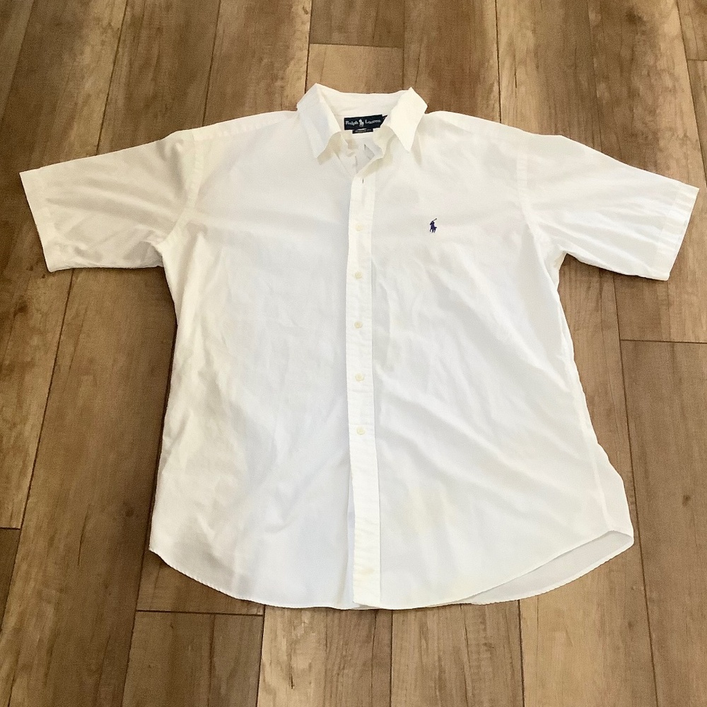 Mens XXL Ralph Lauren Short Sleeve Button down White Classic Fit Blue Tag